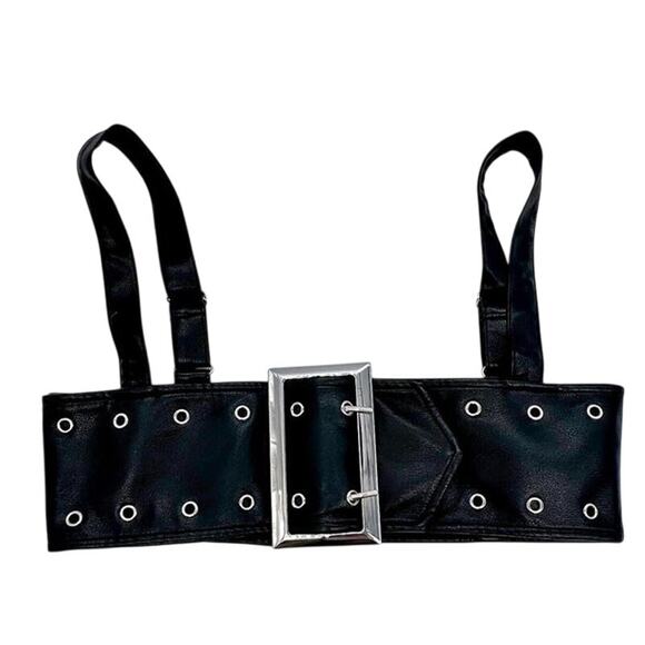 NWT WeWoreWhat Cropped Faux Leather Buckle Bandeau Top Silver Buckle XXL Black - Picture 2 of 15